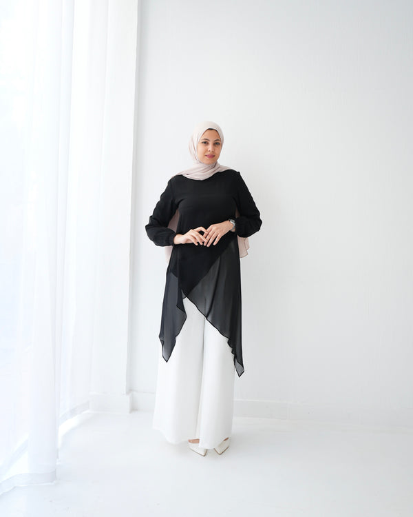 High Low Silk Chiffon Blouse Black C242