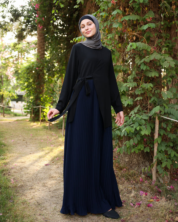 Side Wrap Pleated Abaya Navy C113