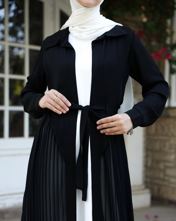 Open Pleated Abaya Black C142