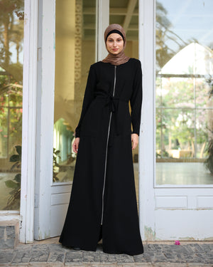 Zipper Abaya With Waist Tie C188