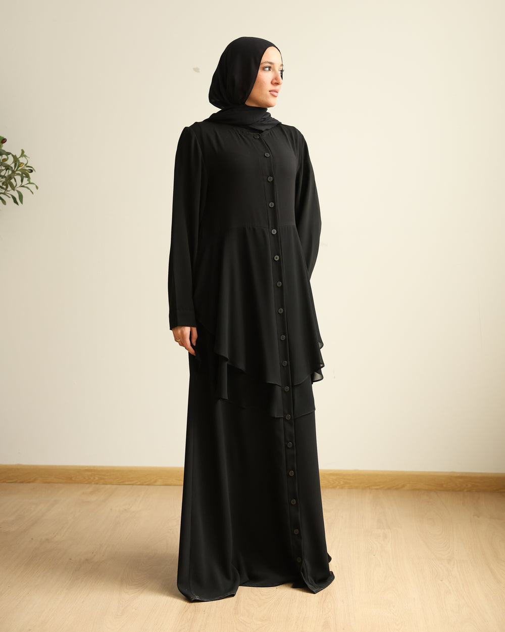 The Front Buttoned Chiffon Layer Abaya C164