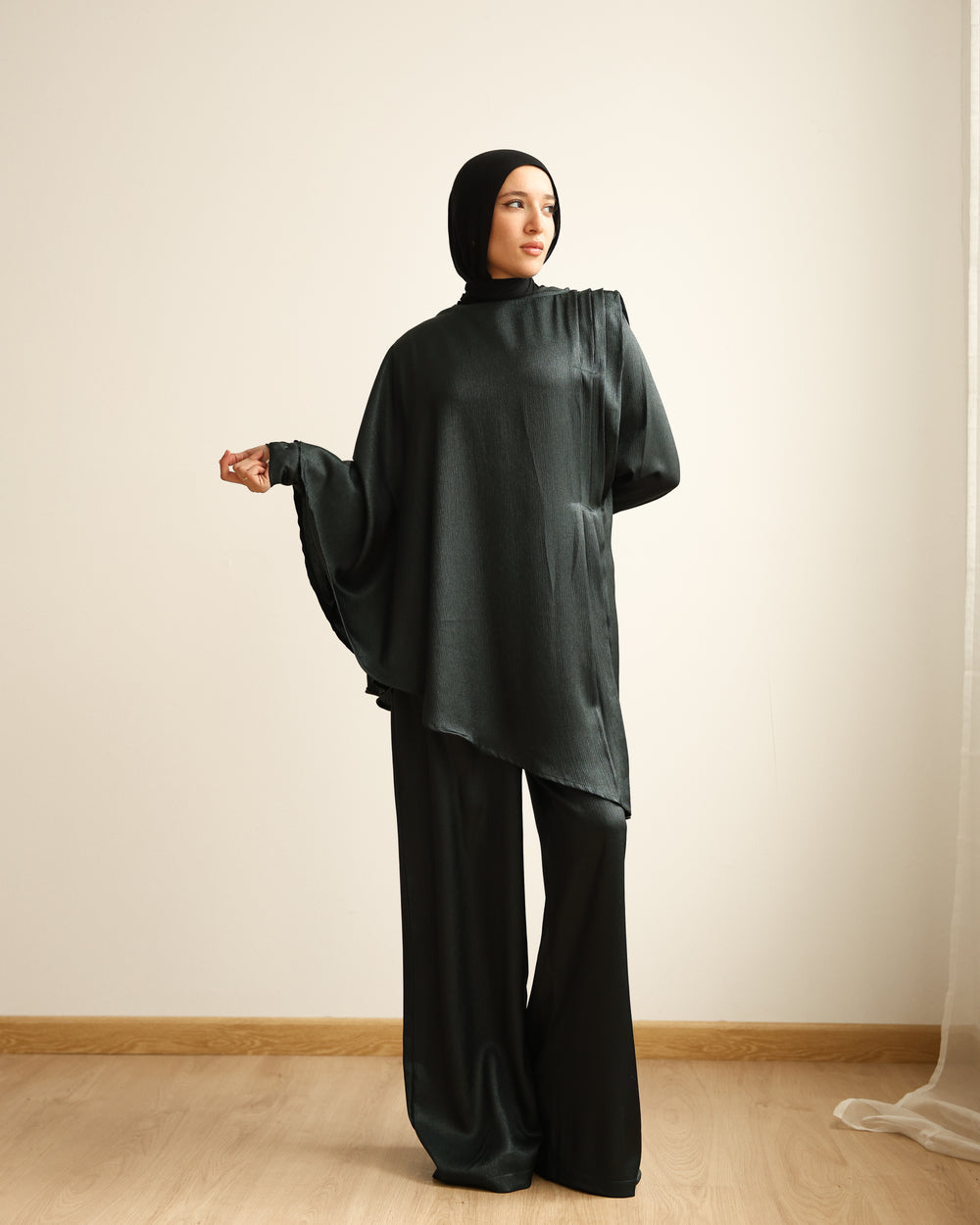 Shimmer Cape-Overlay Jumpsuit Dark Green C1781