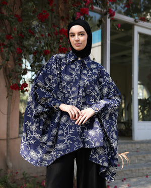 Floral Embroidered Oversized Linen Shirt Navy C2190