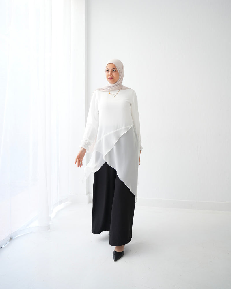 High Low Silk Chiffon Blouse Offwhite C242