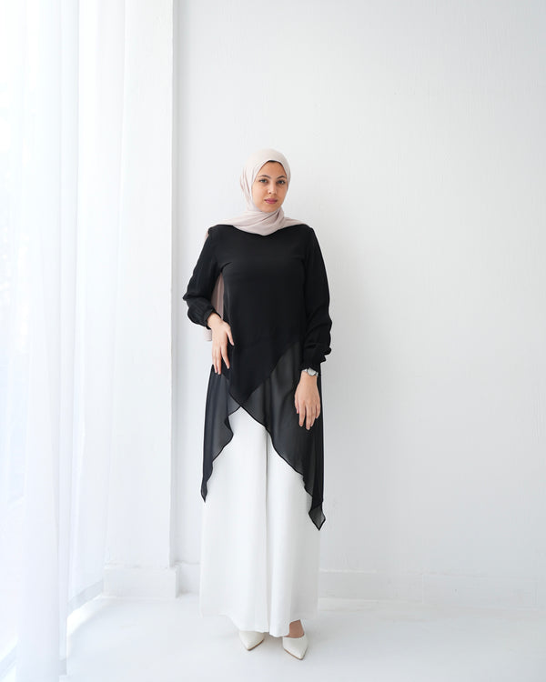 High Low Silk Chiffon Blouse Black C242