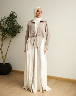 Open Pleated Abaya Beige C142