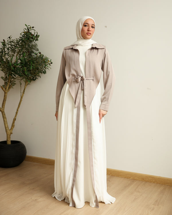 Open Pleated Abaya Beige C142