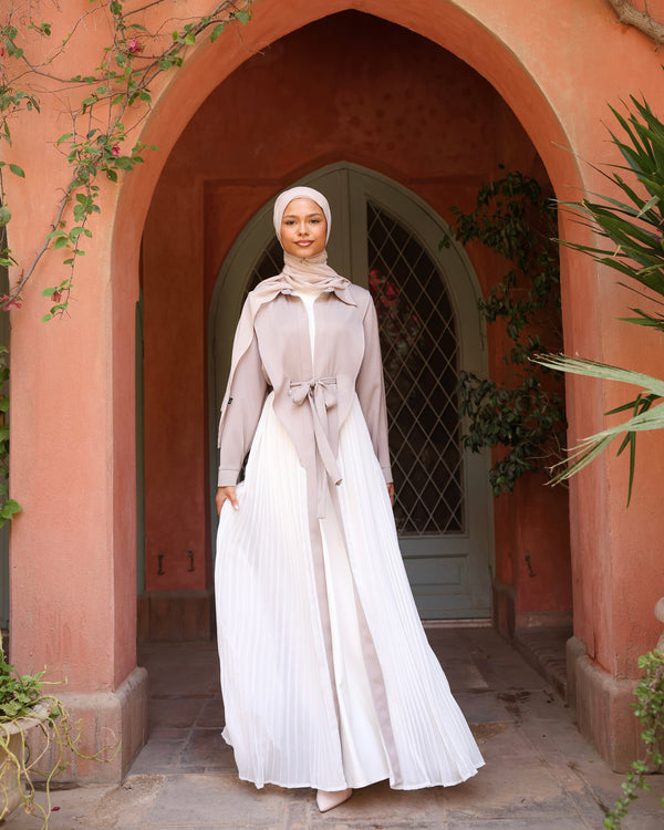 Open Pleated Abaya Beige C142