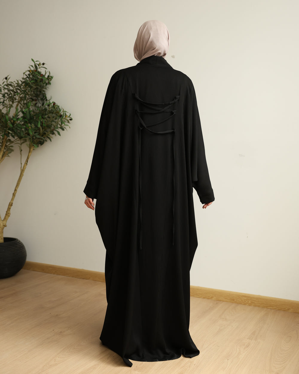 The Lace- Back Free Size Abaya Black C2730