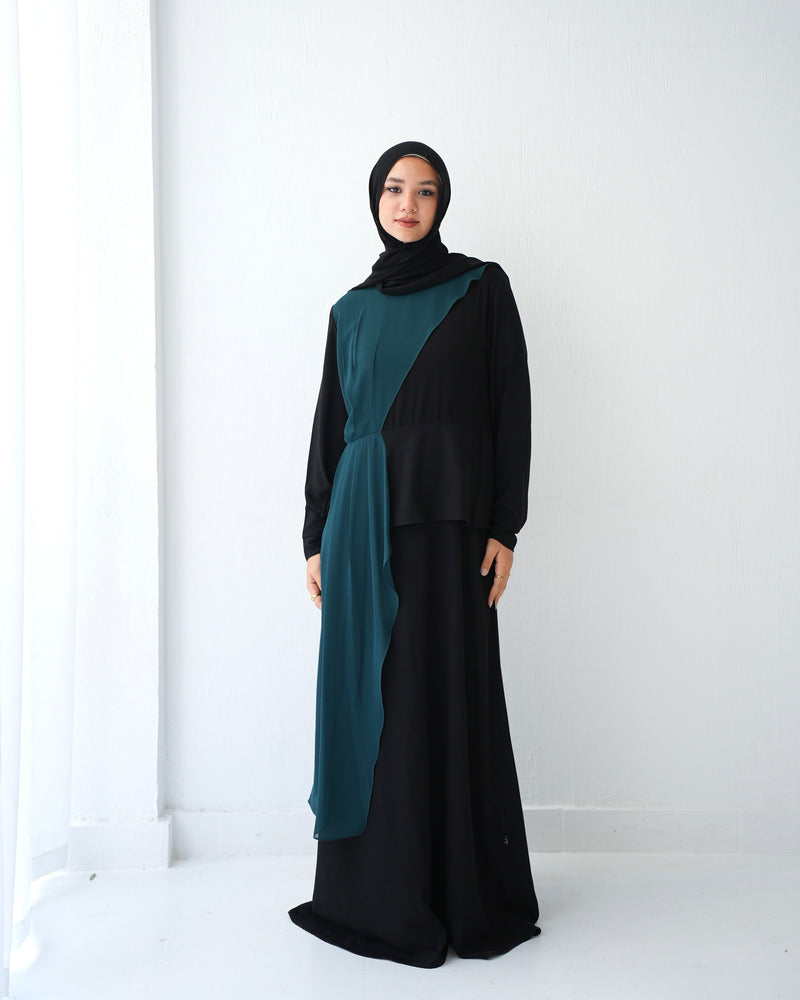 Peplum Side Chiffon Drape Abaya Teal C200