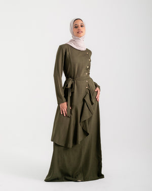 Linen Buttoned Ruffle Dress Olive C198