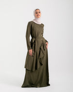 Linen Buttoned Ruffle Dress Olive C198