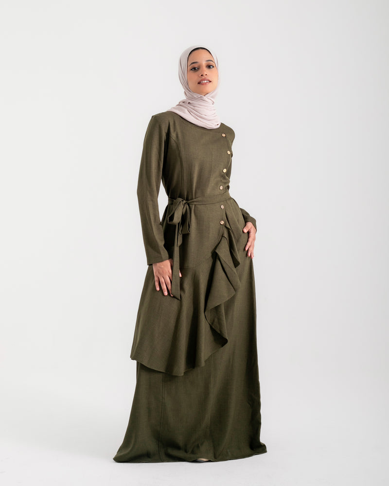 Linen Buttoned Ruffle Dress Olive C198
