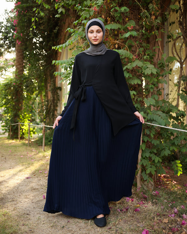 Side Wrap Pleated Abaya Navy C113