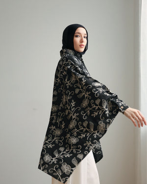 Floral Embroidered Oversized Linen Shirt Black C2190