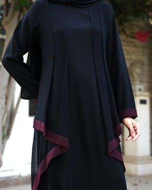 Abaya With Front Chiffon Drape Black Maroon C65