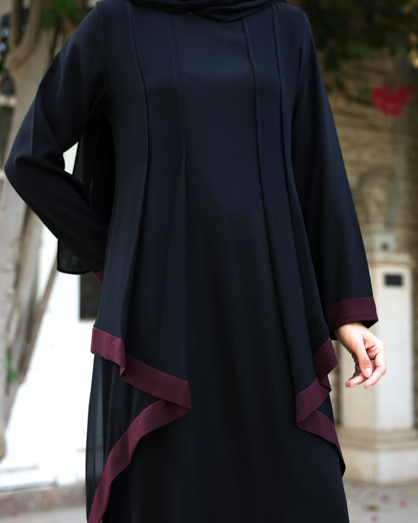 Abaya With Front Chiffon Drape Black Maroon C65