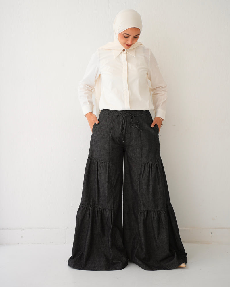 Tiered Wide Leg Denim Pants Black Grey C1902