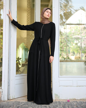 Zipper Abaya With Waist Tie C188