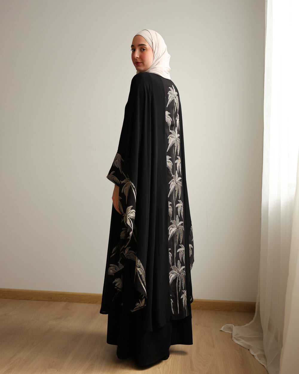 Palm Embroidered Chiffon Cape Black C2741