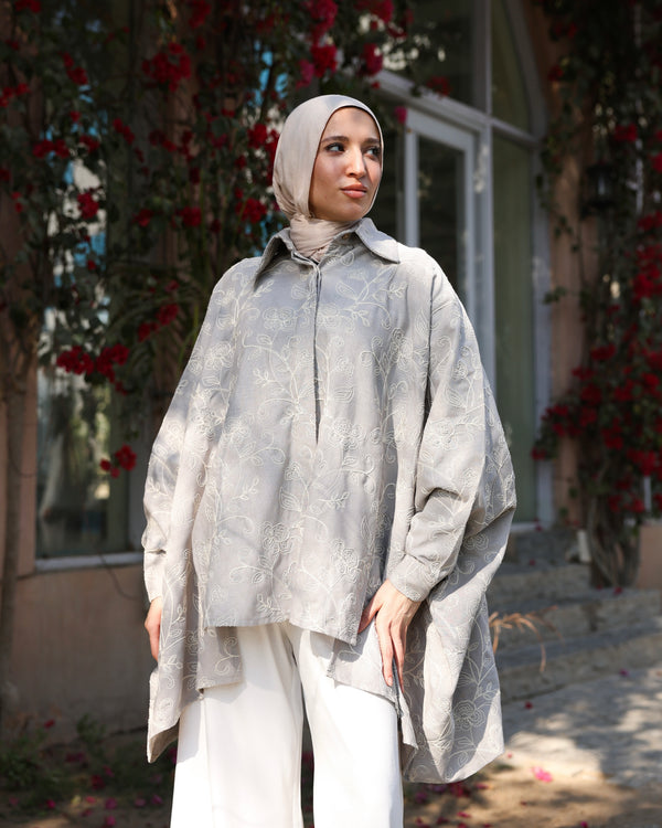 Floral Embroidered Oversized Linen Shirt Grey C2190