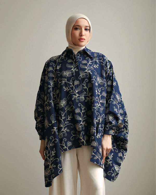 Floral Embroidered Oversized Linen Shirt Navy C2190
