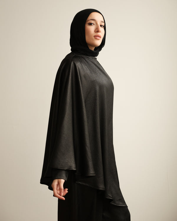 Shimmer Cape-Overlay Jumpsuit Black C1781