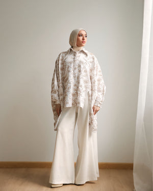 Floral Embroidered Oversized Linen Shirt Offwhite C2190