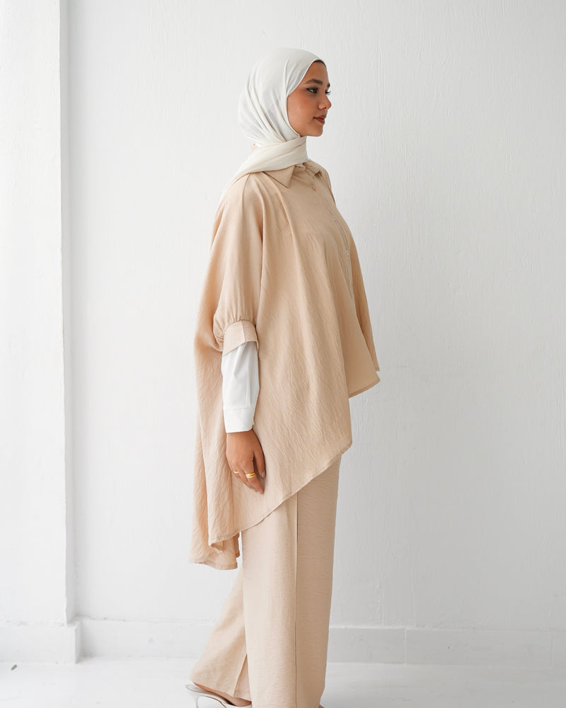 Over Sized Poncho and Pants Set Beige C11063