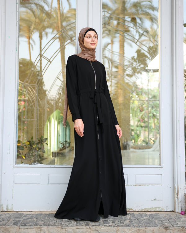 Zipper Abaya With Waist Tie C188