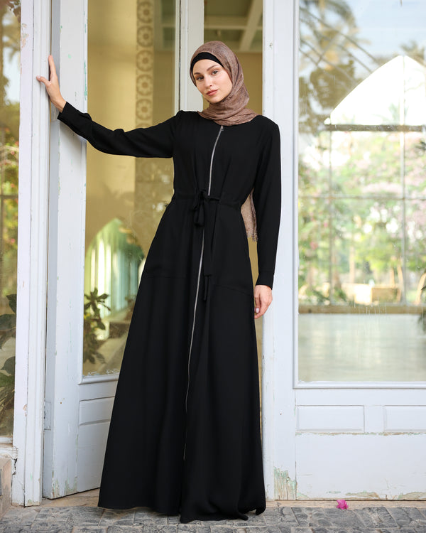 Zipper Abaya With Waist Tie C188