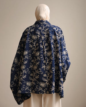 Floral Embroidered Oversized Linen Shirt Navy C2190