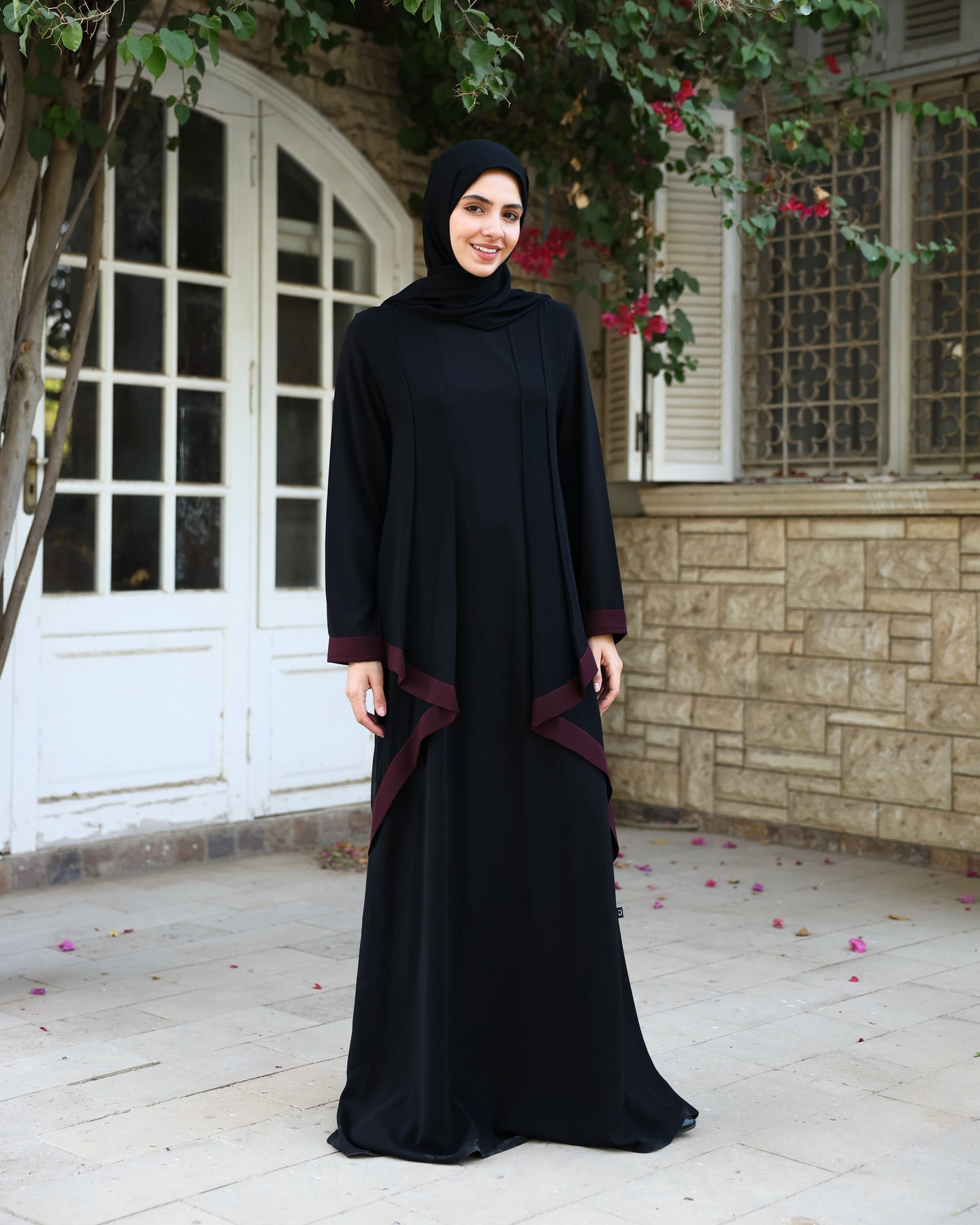 Abaya With Front Chiffon Drape Black Maroon C65
