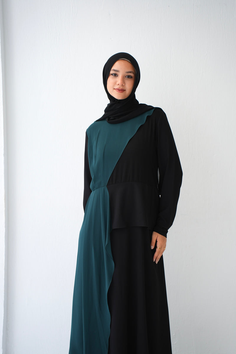 Peplum Side Chiffon Drape Abaya Teal C200