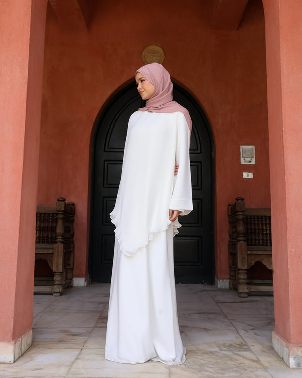 Pleated Layered Abaya Offwhite C1102