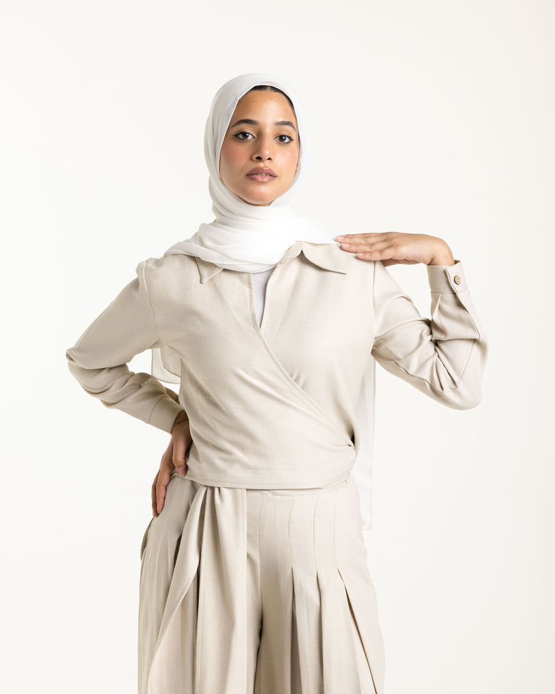 Linen Wrap Blouse Beige C155