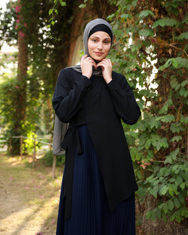 Side Wrap Pleated Abaya Navy C113