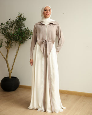 Open Pleated Abaya Beige C142