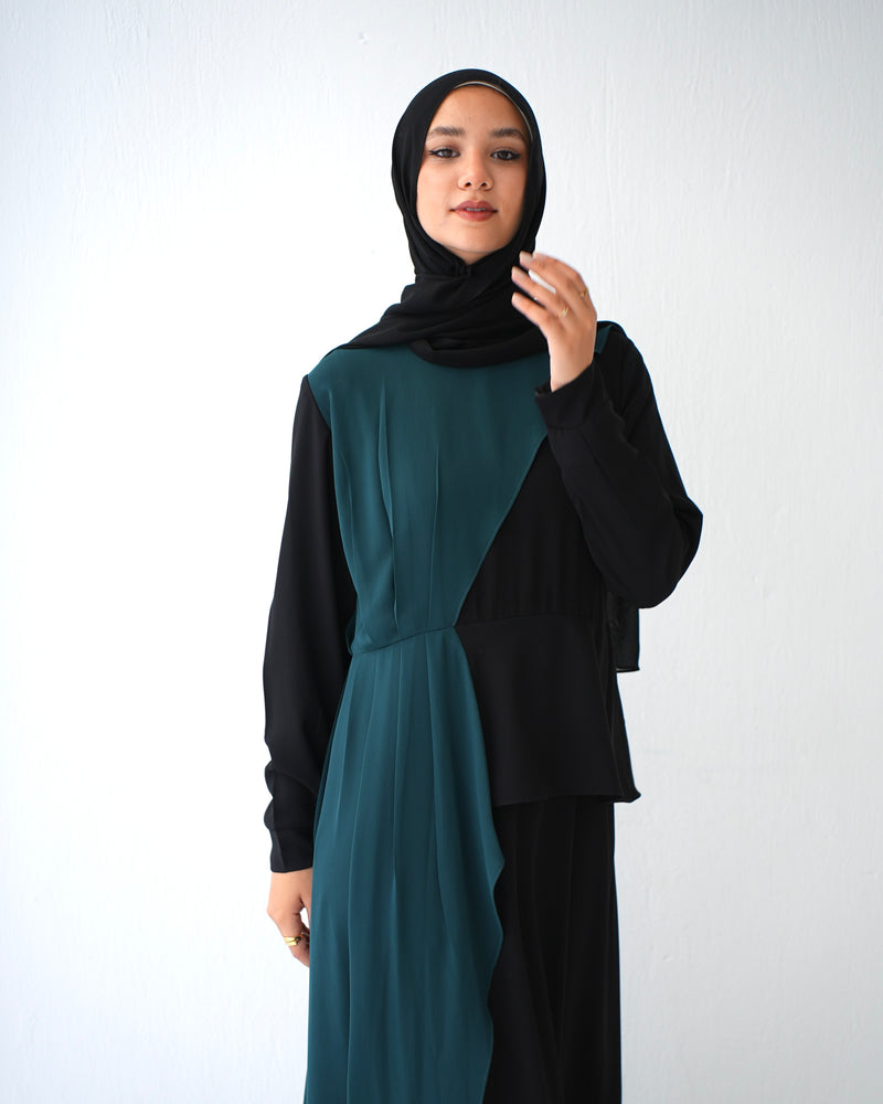Peplum Side Chiffon Drape Abaya Teal C200