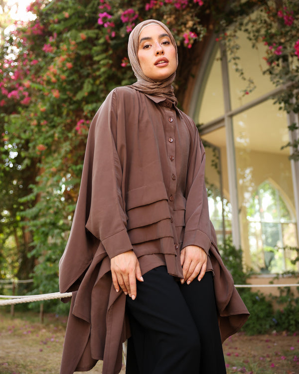 Free Size Front Pleated Chemise Brown C525