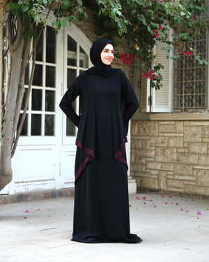 Abaya With Front Chiffon Drape Black Maroon C65