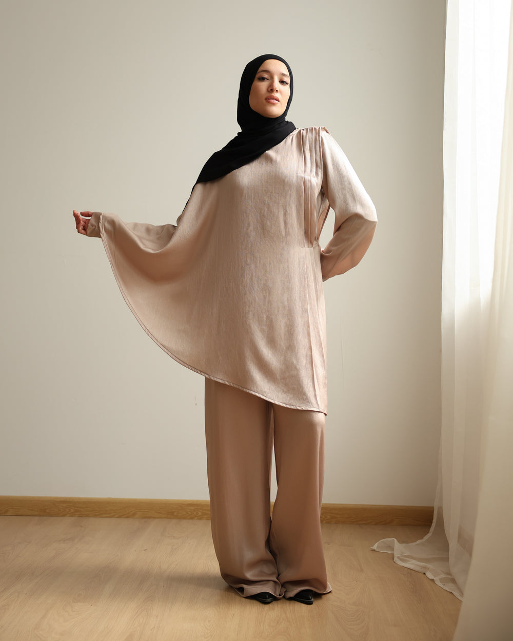Shimmer Cape-Overlay Jumpsuit Beige C1781
