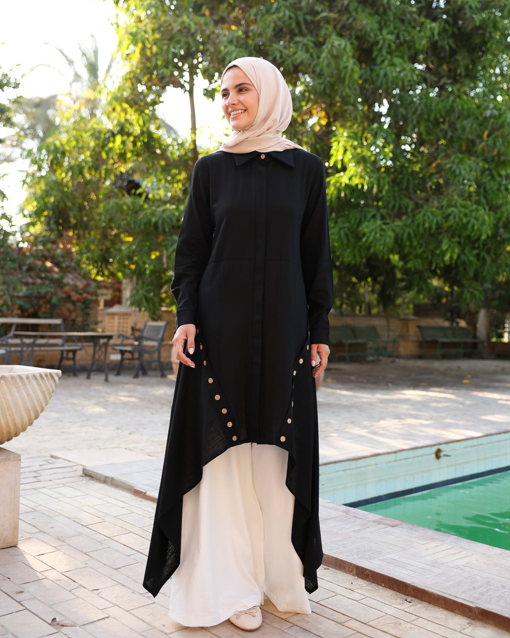 High Low Linen Buttoned Shirt Black C2751