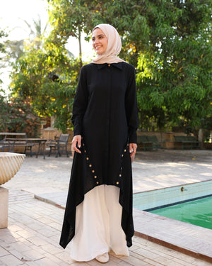 High Low Linen Buttoned Shirt Black C2751