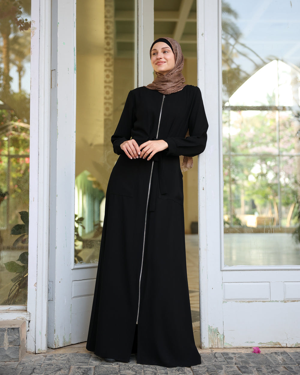Zipper Abaya With Waist Tie C188