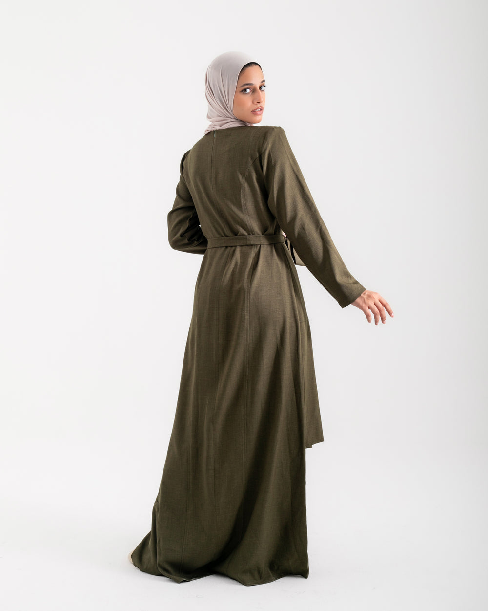 Linen Buttoned Ruffle Dress Olive C198