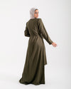 Linen Buttoned Ruffle Dress Olive C198