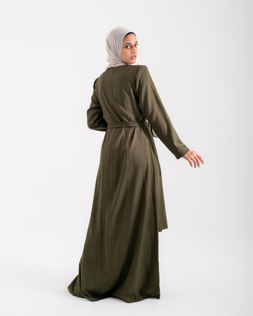 Linen Buttoned Ruffle Dress Olive C198