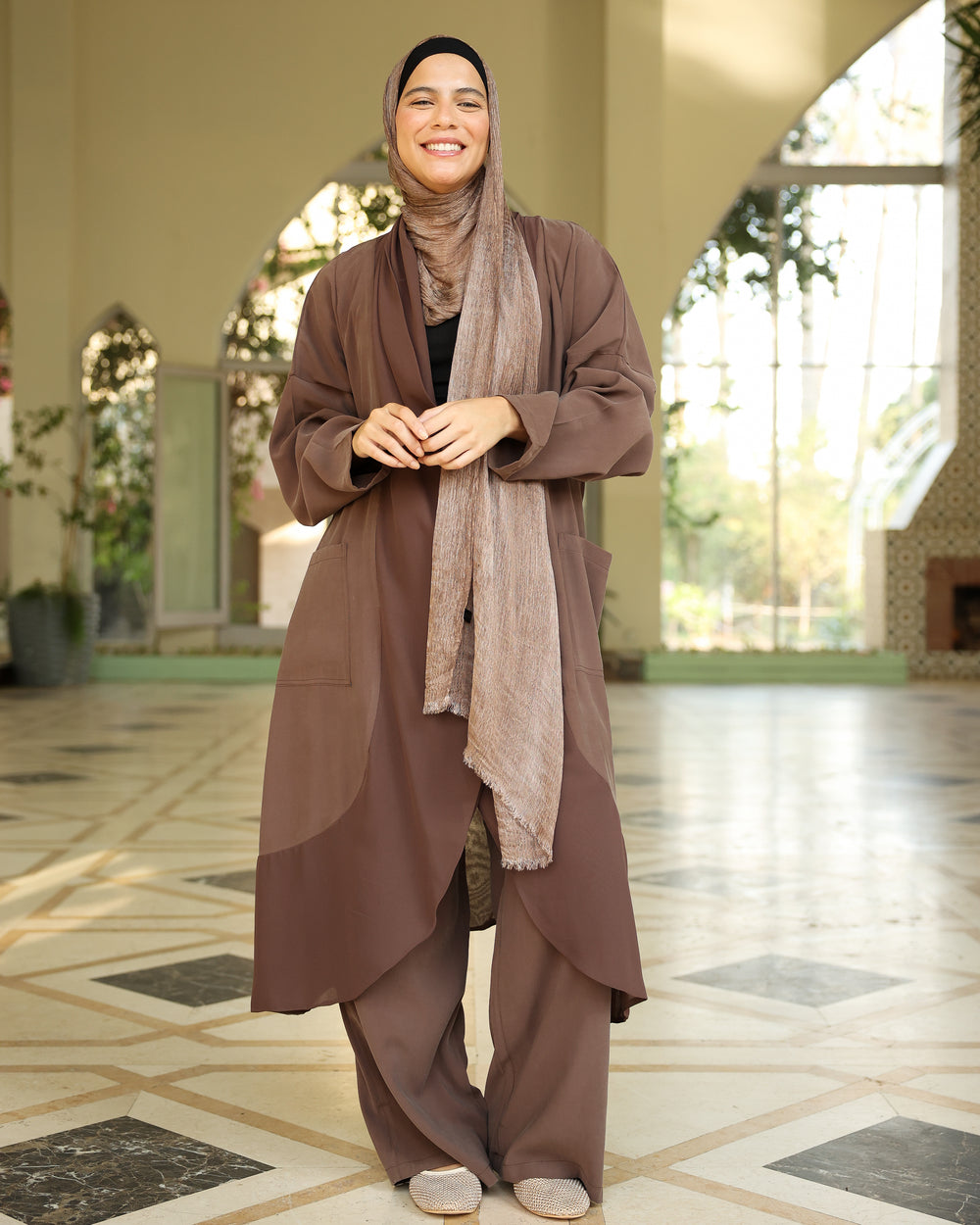 Flowy Layered Blouse & Pants Set in Brown C523