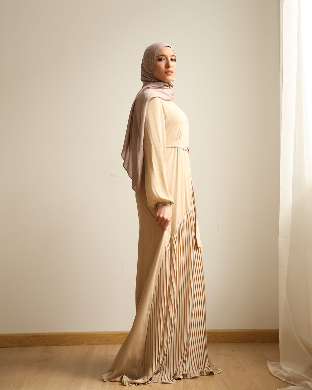 Pleated Chiffon Dress Beige C74